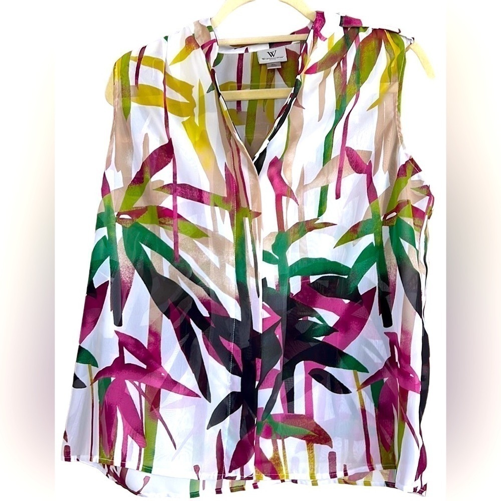 WORTHINGTON White/Burgundy/Green Jungle Pattern Sleeveless Top, Large Petite,GUC
